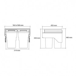 Poubelle suspendue 2 bacs sur coulisses avec amortisseur de capacité 60 litres